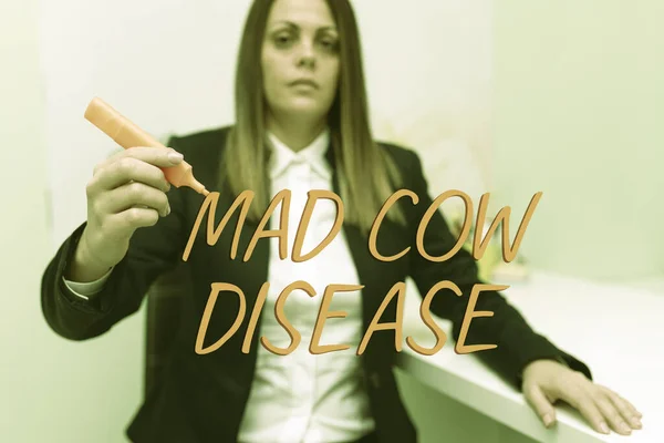 Conceptual display Mad Cow Disease, Business concept Neurodegenerative lethal disease contagious eating meat Businesswoman Holding Marker With One Hand And Pointing Important Ideas.