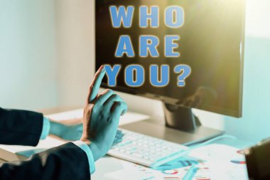 Hand writing sign Who Are You, Business idea Introduce Identify yourself personality likes dislikes Businesswoman Pointing Important Infortmation With One Finger On Computer.