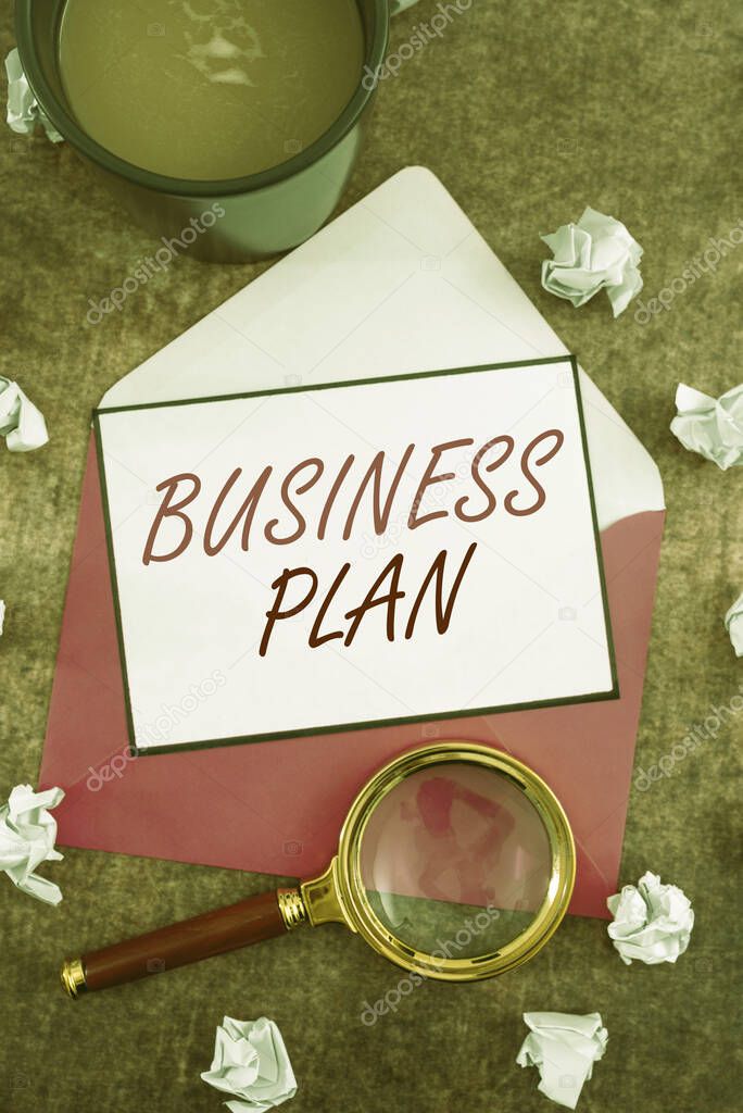 Text sign showing Business Plan, Business approach Structural Strategy Goals and Objectives Financial Projections Letter With Envelope And Magnifying Glass Presenting Crucial Plans.