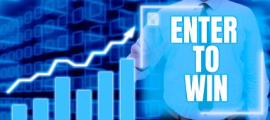 Writing displaying text Enter To Win, Business idea Sweepstakes Trying the luck to earn the big prize Lottery Businessman Showing Important Diagrams And Pointing On Save Button.