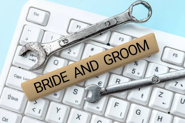 Text Caption Presenting Bride Groom Word Written Man Who Get — Stok fotoğraf