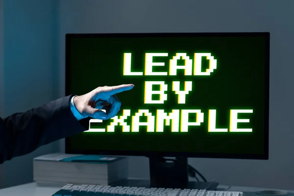 Handwriting text Lead By Example, Internet Concept Be a mentor leader follow the rules give examples Coach Businesswoman Pointing With One Finger On Important Message.