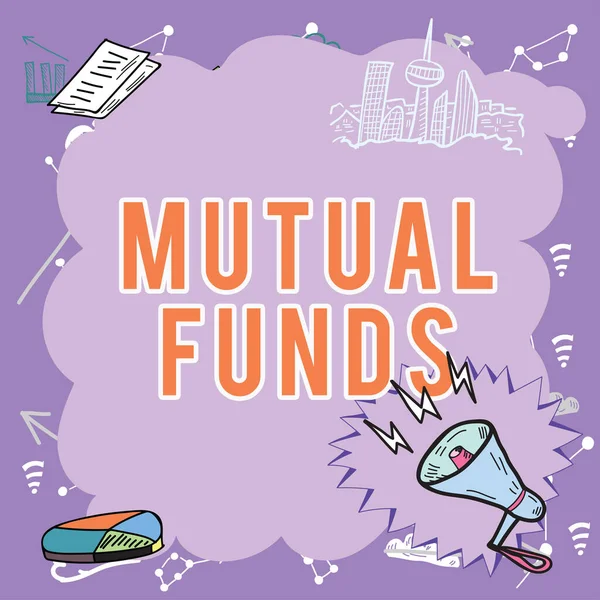 Handwriting text Mutual Funds, Internet Concept An investment program funded by shareholders Individual Stocks Important Messages Presented In Frame With Megaphone, Chart And Skyline.