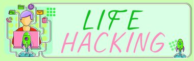Inspiration showing sign Life Hacking, Business overview Simple and clever techniques in accomplishing task easily Illustration With Man Typing New Ideas On Lap Top With Rockets Around.