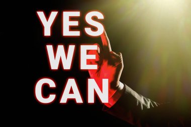 Text showing inspiration Yes We Can, Conceptual photo Motivation to do something have the enough strength to keep going Businessman Pointing Important Infortmations With One Finger.