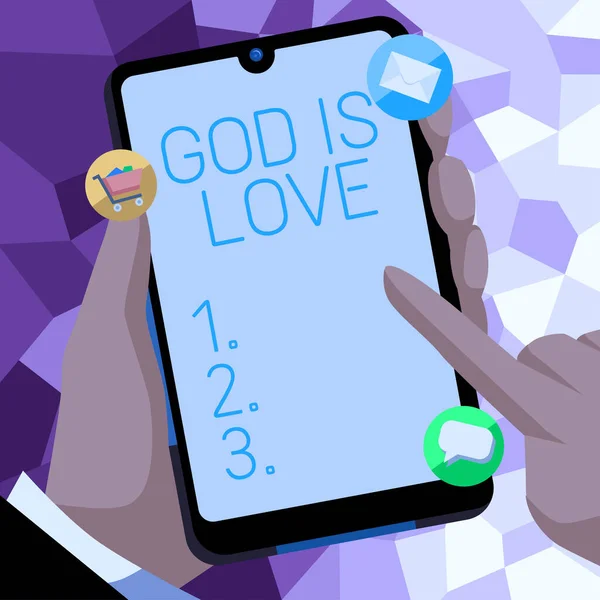 Text sign showing God Is Love, Business idea Believing in Jesus having faith religious thoughts Christianity Businessman Holding Mobile Phone With Important Messages And Pointing On It
