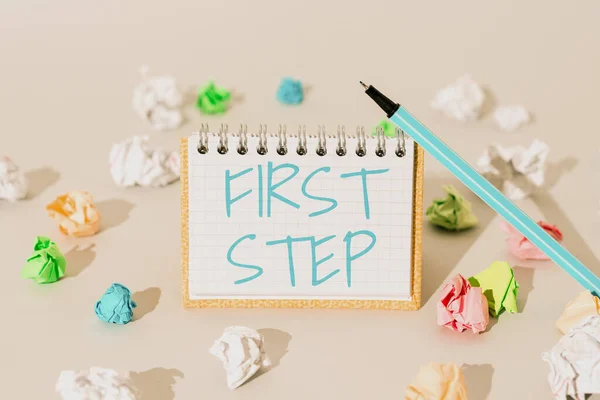 Hand Writing Sign First Step Word Written Pertaining Start Certain — Stock fotografie