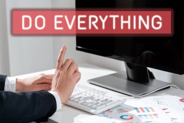 Conceptual display Do Everything, Business concept Jack of All Trades Self Esteem Ego Pride No Limits Woman Typing Updates On Lap Top And Pointing New Ideas With One Finger.