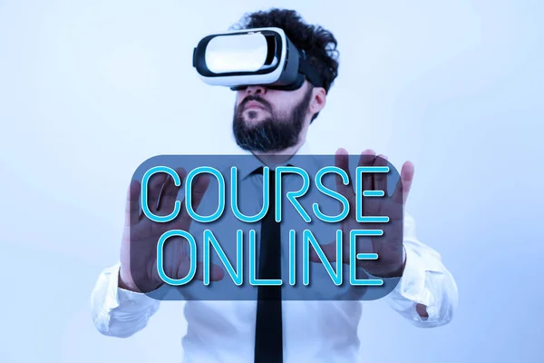 Inspiration showing sign Course Online, Business overview eLearning Electronic Education Distant Study Digital Class Man Wearing Vr Glasses And Presenting Important Messages Between Hands.