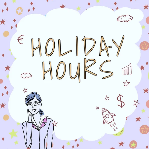 Text sign showing Holiday Hours, Business concept Schedule 24 or7 Half Day Today Last Minute Late Closing Illustration Of Lady Thinking Deeply Alone For New Amazing Tactical Ideas.