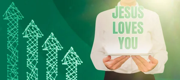 Conceptual caption Jesus Loves You, Business concept Believe in the Lord To have faith religious person Businesswoman Holding Tablet And Presenting New Ideas For Business Growth.