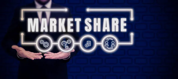 Hand writing sign Market Share, Word for The portion of a market controlled by a particular company Businessman in suit holding notepad symbolizing successful teamwork.