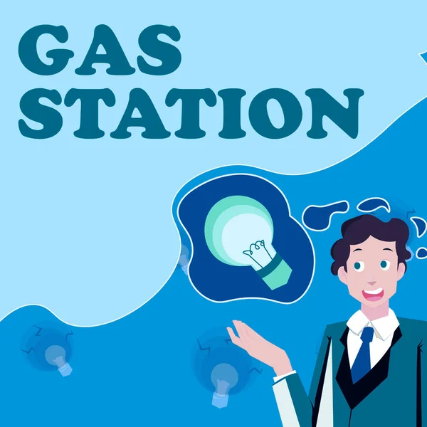 Text showing inspiration Gas Station, Word for for servicing motor vehicles especially with gasoline and oil Man presenting innovative ideas achieving successful project completion.