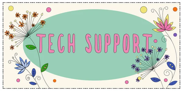 Text caption presenting Tech Support, Concept meaning Assisting individuals who are having technical problems Frame With Leaves And Flowers Around And Important Announcements Inside.
