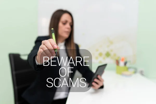 Text Sign Showing Beware Scams Word Stay Alert Avoid Fraud — Stockfoto