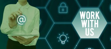 Hand writing sign Work With Us, Business idea Invitation to join a working team company institution Businessman in suit holding notepad symbolizing successful teamwork.