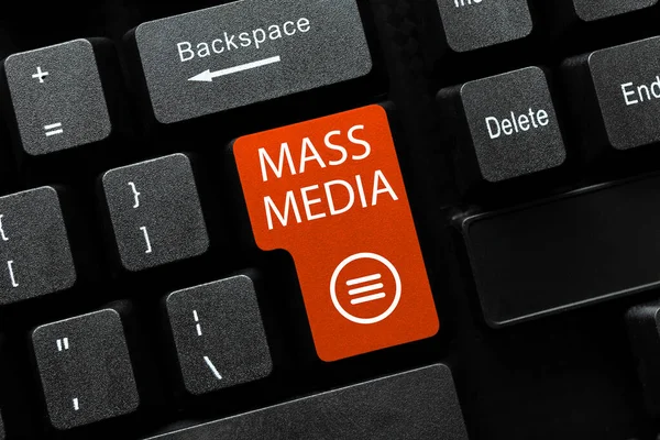 Text Sign Showing Mass Media Conceptual Photo Group Showing Making — Stock Fotó