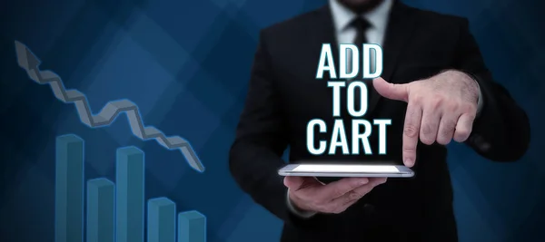 Conceptual Caption Add Cart Business Overview Online Purchasing Ecommerce Modern — ストック写真
