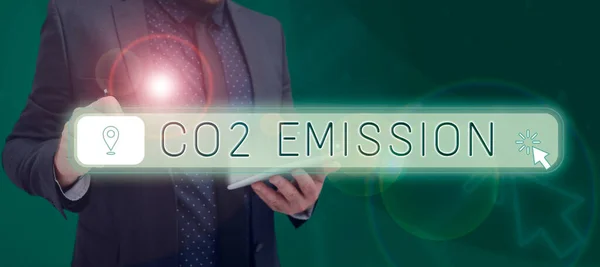 Sign Displaying Co2 Emission Business Overview Releasing Greenhouse Gases Atmosphere —  Fotos de Stock