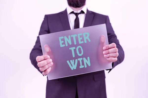 Conceptual display Enter To Win, Business showcase Sweepstakes Trying the luck to earn the big prize Lottery Man Holding Blank Placard And Representing Business Advertisement.