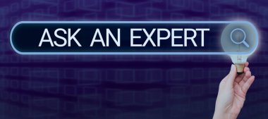 Writing displaying text Ask An Expert, Business idea Superior Reliable Ace Virtuoso Curapp storeity Authority Geek Woman Holding Light Bulb Presenting Digital Search With New Ideas.