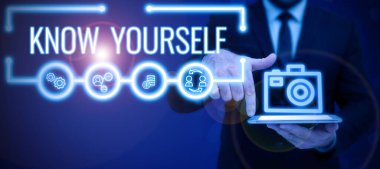 Text caption presenting Know Yourself, Business showcase Find You Understanding Strength and Weaknesses Identity Lady in suit holding pen symbolizing successful teamwork accomplishments.