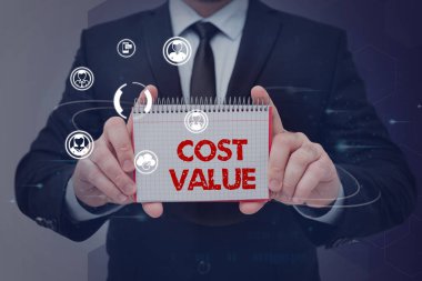 Writing displaying text Cost Value, Business overview The amount that usualy paid for a item you buy or hiring a person Businessman in suit holding notepad symbolizing successful teamwork.