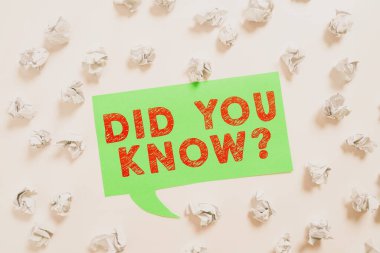 Text sign showing Did You Know Question, Business concept Fun Facts and Figures Information General Knowledge Paper Wraps Placed Around Speech Bubble With Important Information.