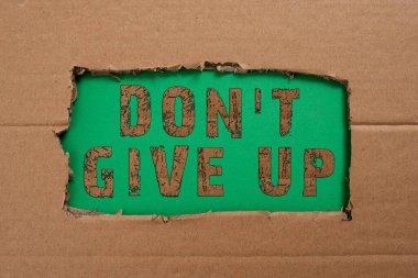 Text caption presenting Don T Give Up, Concept meaning Keep trying until you succeed follow your dreams goals Important Informations Written Underneath Ripped Cardboard.