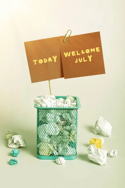 Conceptual display Welcome July, Conceptual photo Calendar Seventh Month 31days Third Quarter New Season Case Full Of Paper Wraps And Two Important Messages Pinned On Stick.