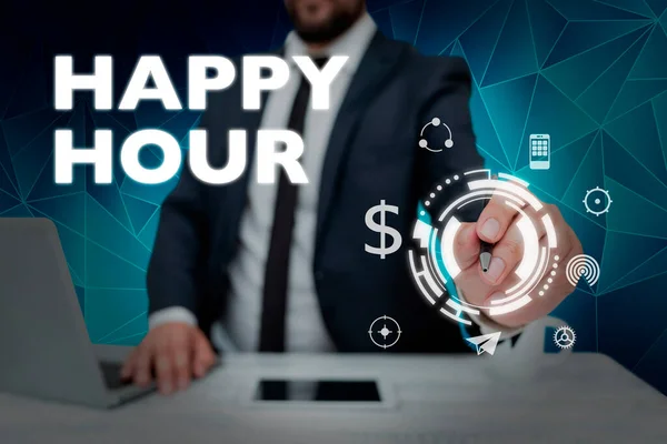 Inspiration Showing Sign Happy Hour Business Overview Spending Time Activities — Foto de Stock
