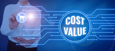 Hand writing sign Cost Value, Business concept The amount that usualy paid for a item you buy or hiring a person Businessman in suit holding notepad symbolizing successful teamwork.