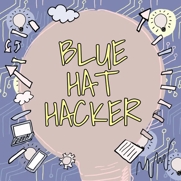 Text Showing Inspiration Blue Hat Hacker Business Approach Person Consulting — 图库照片