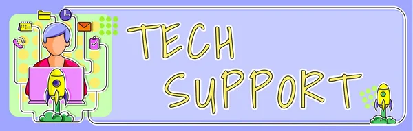 Writing displaying text Tech Support, Business idea Assisting individuals who are having technical problems Illustration With Man Typing New Ideas On Lap Top With Rockets Around.