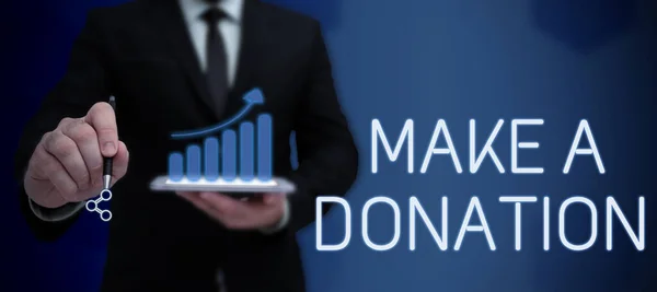 Text Sign Showing Make Donation Concept Meaning Donate Giving Things — Stock Fotó