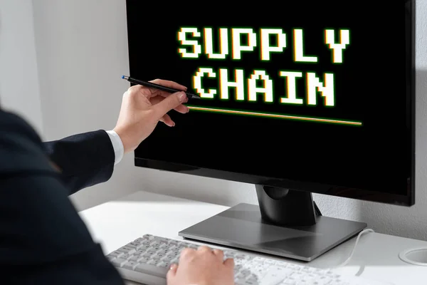 Conceptual caption Supply Chain, Business overview System of organization and processes from supplier to consumer Businesswoman Pointing Important Infortmation With Pen On Computer.