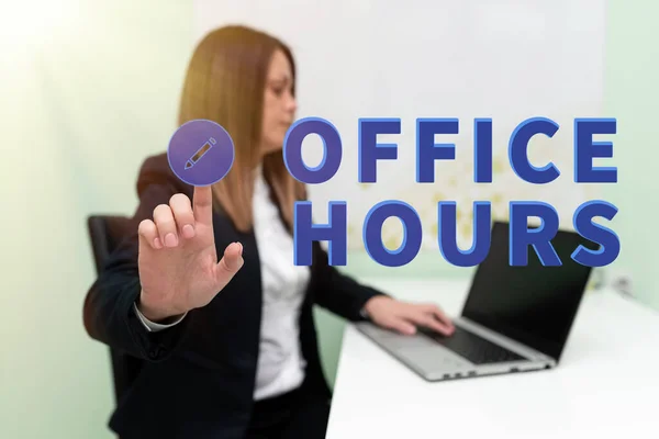 Sign displaying Office Hours, Conceptual photo The hours which business is normally conducted Working time Woman Typing Updates On Lap Top And Pointing New Ideas With One Finger.