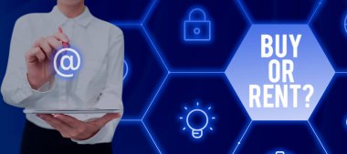 Writing displaying text Buy Or Rent, Conceptual photo Doubt between owning something get it for rented Indecision Businessman in suit holding notepad symbolizing successful teamwork.