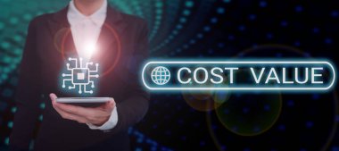 Inspiration showing sign Cost Value, Word Written on The amount that usualy paid for a item you buy or hiring a person Businessman in suit holding open palm symbolizing successful teamwork.