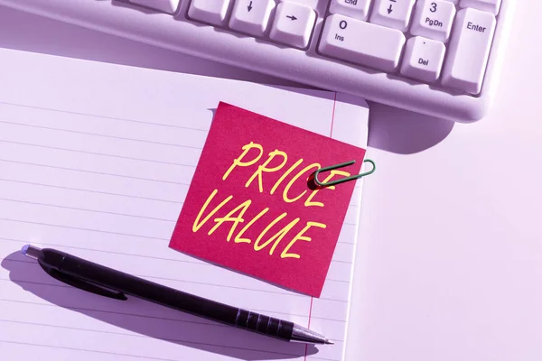 Conceptual display Price Value, Business concept strategy which sets cost primarily but not exclusively Sticky Note With Important Idea Clipped On Opened Notebook On Desk With Pen