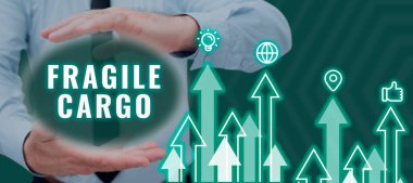 Conceptual display Fragile Cargo, Conceptual photo Breakable Handle with Care Bubble Wrap Glass Hazardous Goods Man Showing Digital Oval Shape With Arrows And S For Advertisement.