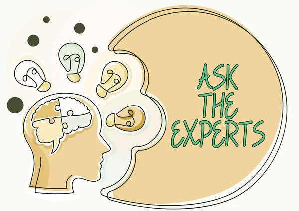 Hand writing sign Ask The Experts, Business showcase Look for a professional advice consultation support Man With Puzzled Brain Thinking New Ideas Shown On Presentation Board.