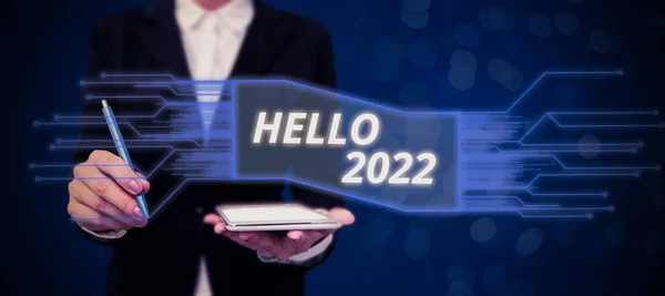 Text Sign Showing Hello 2022 Business Approach Hoping Greatness Happen — Stok fotoğraf