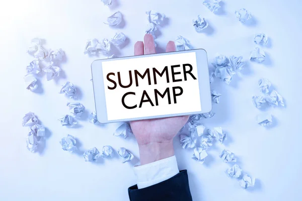 Hand Writing Sign Summer Camp Business Showcase Πρόγραμμα Εποπτείας Για — Φωτογραφία Αρχείου