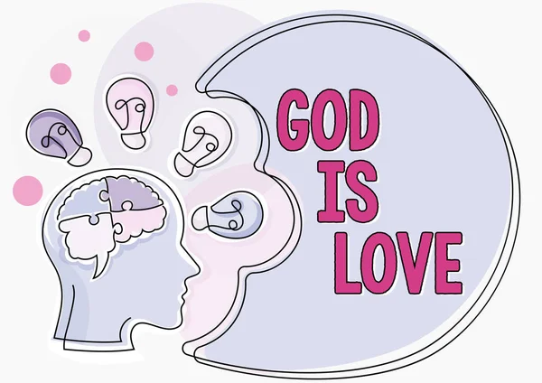 Conceptual display God Is Love, Internet Concept Believing in Jesus having faith religious thoughts Christianity Man With Puzzled Brain Thinking New Ideas Shown On Presentation Board.
