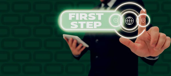 Inspiration Showing Sign First Step Business Concept Pertaining Start Certain — Photo