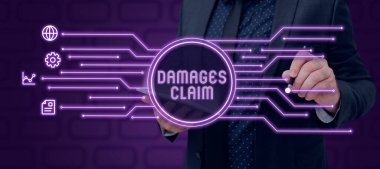 Writing displaying text Damages Claim, Business idea Demand Compensation Litigate Insurance File Suit Businessman With Pen Drawing Lines And S Presenting Strategies.