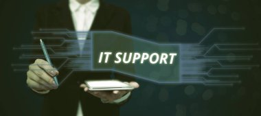 Writing displaying text It Support, Business showcase Lending help about information technologies and relative issues Lady in suit holding pen symbolizing successful teamwork accomplishments.