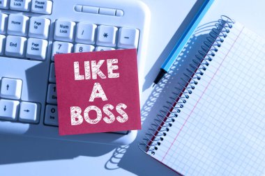 Text caption presenting Like A Boss, Word for Acting as if you are the one giving orders in job or situation Important Messages Written On Note On Desk With Pen, Notebook And Keyboard.