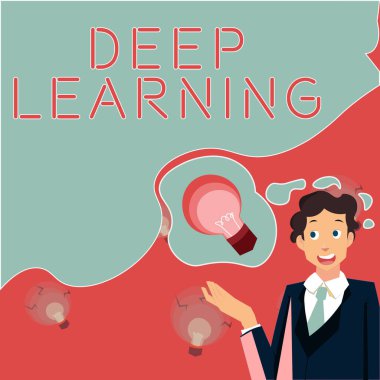 Writing displaying text Deep Learning, Business showcase Hierarchical Abstractions Artificial Intelligence Algorithm Man presenting innovative ideas achieving successful project completion.